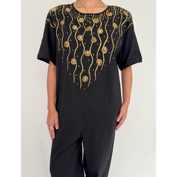 80s black embellished hand painted glitter seashell cotton pant jumpsuit romper - Picture 4 of 10